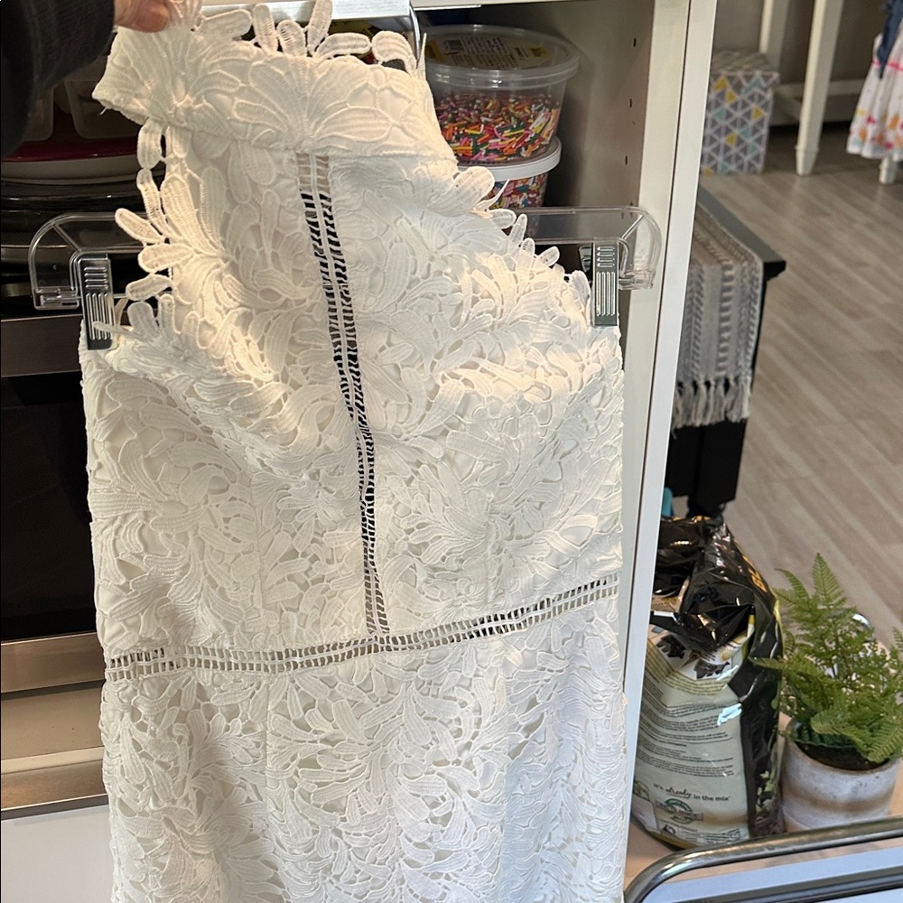 White Lace Halter Dress with Crochet Trim brand new stretchy large
